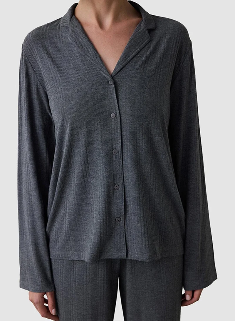 Penti Ribbed Shirt Collar Long Sleeve Pajama Set